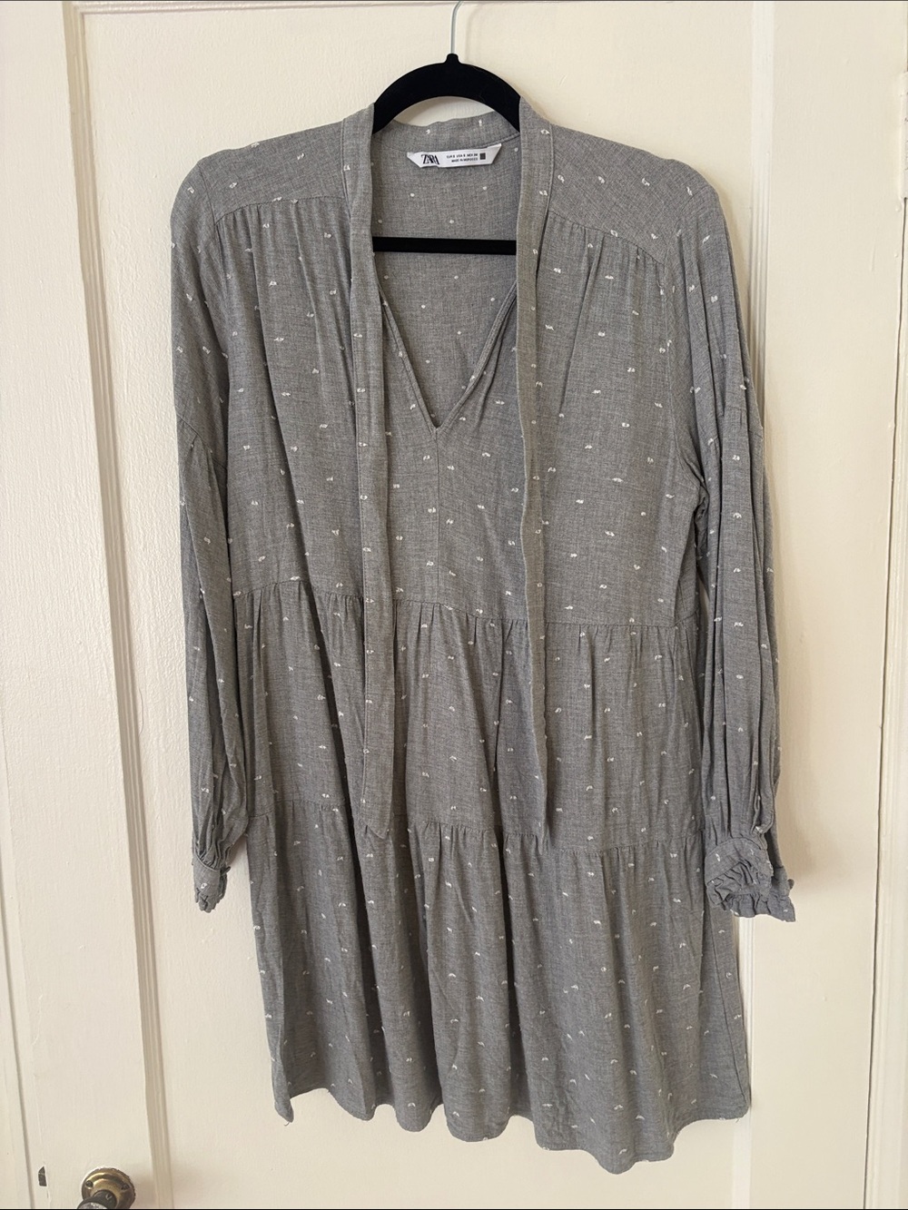 ZARA Light Gray Tiered V-Neck Long Sleeve Dress with Subtle White Dots